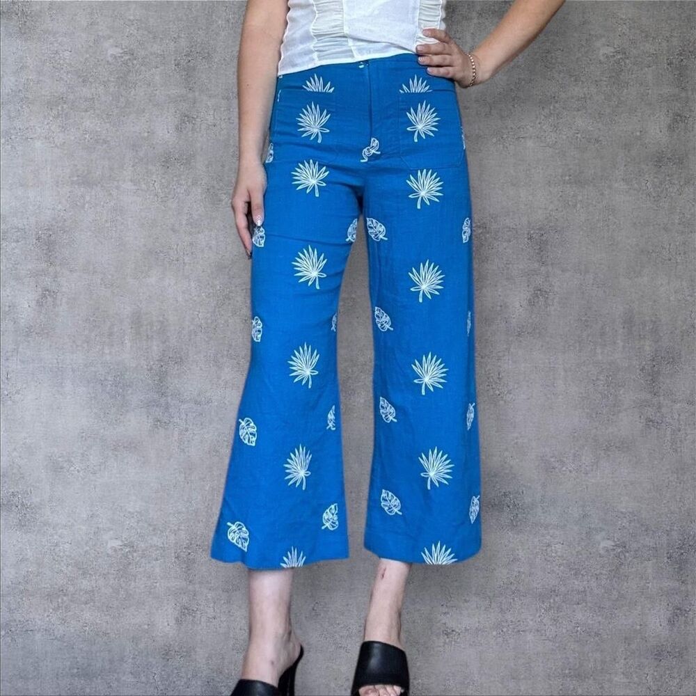 Zara Sz Small Blue Wide Leg Palm Leaf Embroidered Culottes Pants Trousers